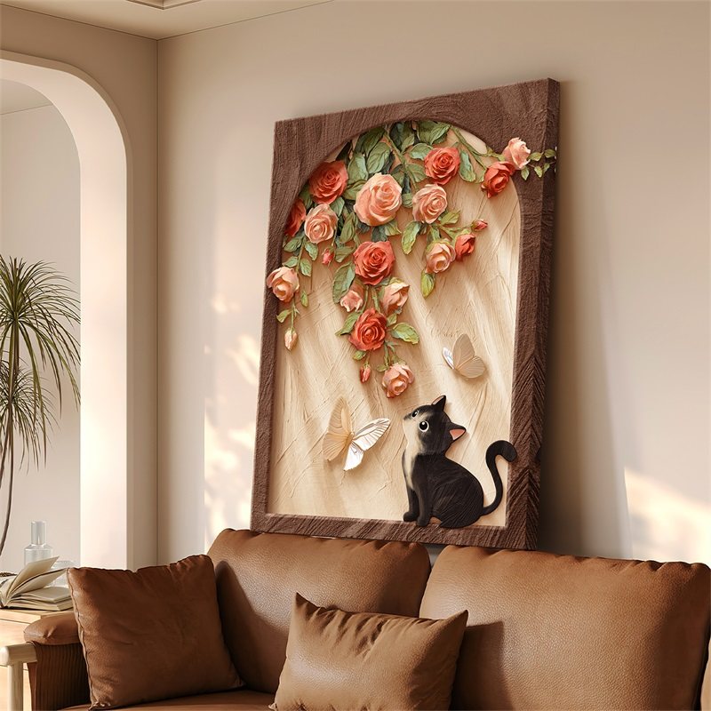 中古风装饰画玄关客厅画玫瑰猫咪复古高级感落地画沙发背景墙挂画,家居饰品,现代装饰画,淘宝优惠券,粉丝福利购,淘宝优惠卷