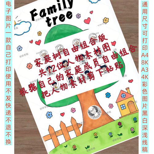 276三上英语家庭树familytree手抄报绘画线稿家庭成员自由组合版