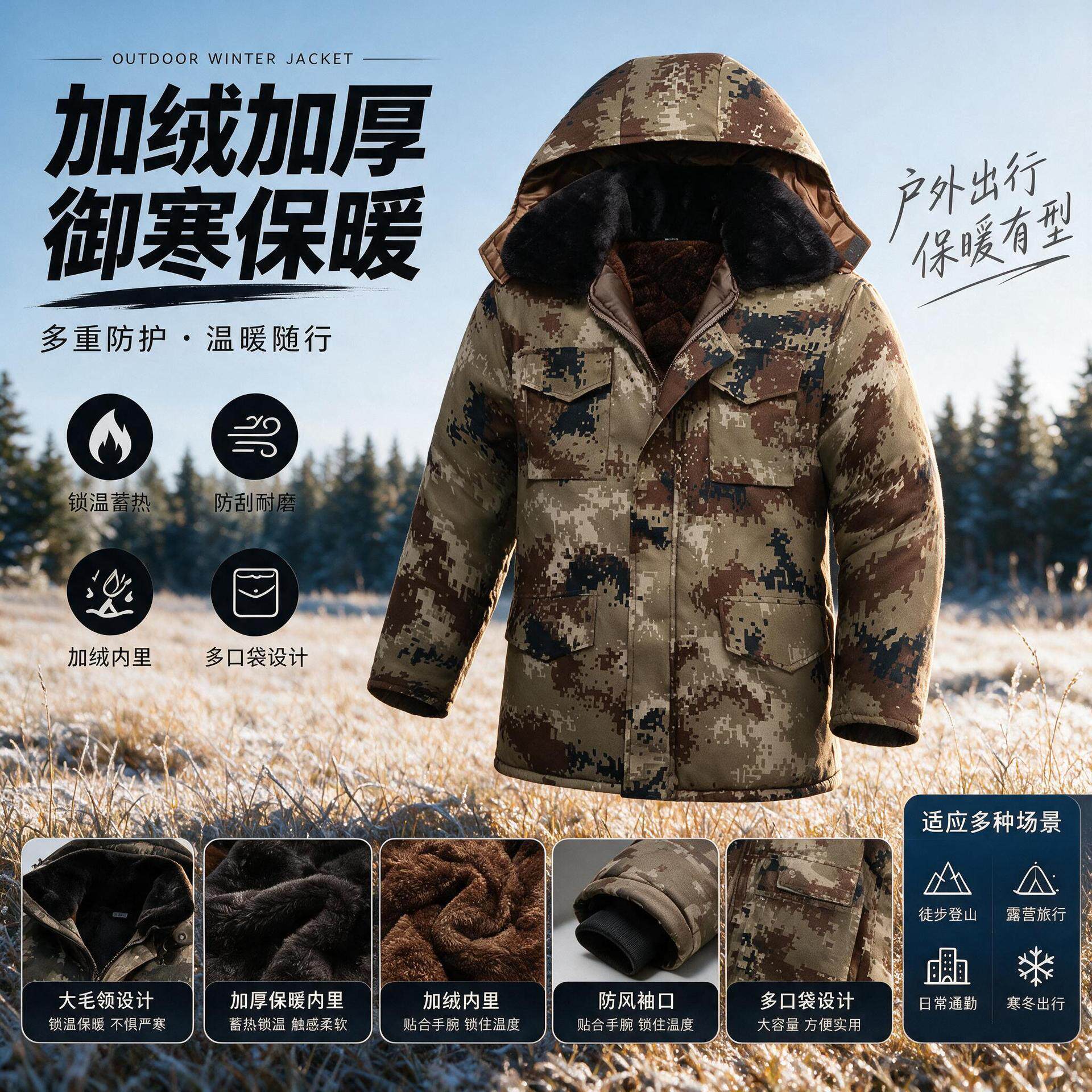 冬季加绒加厚迷彩棉服男款中长款棉衣外套劳保棉袄冷库防寒工作服