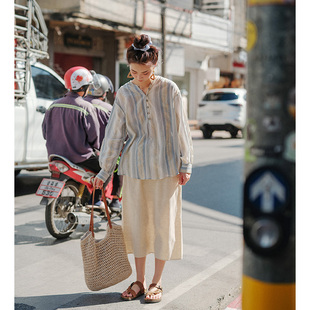 设计感森系宽松薄款 短短假日渐变竖条纹衬衫 新款 女春夏季 衬衣小衫