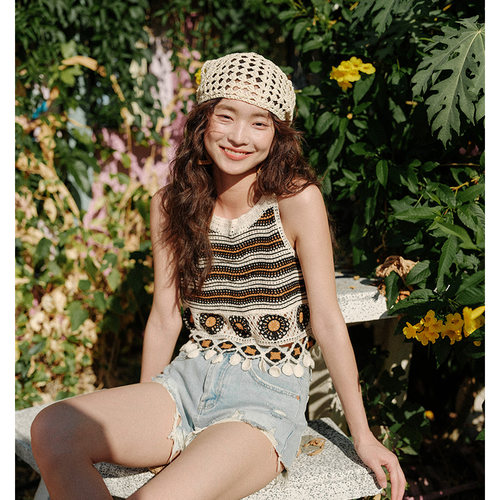 短短假日镂空针织吊带无袖