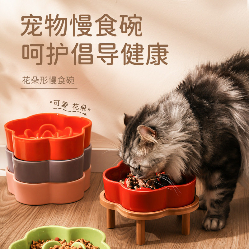 陶瓷慢食碗防噎猫咪进食盆防止黑下巴小型犬猫咪护颈带木架慢食碗图片