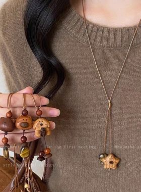 木质虎眼石小狗小熊项链女冬季