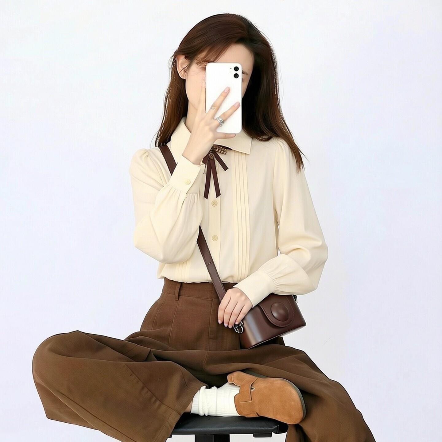 Rouje Damas French-Style College-Style Long-Sleeve Shirt for Women, Autumn Elegant Design Shirt for Petite Figures