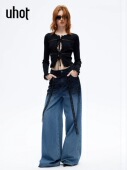 uhot 诱货26春蓝黑渐变水洗阔腿牛仔裤 蕾丝蝴蝶印花腰绳UWLS1K038