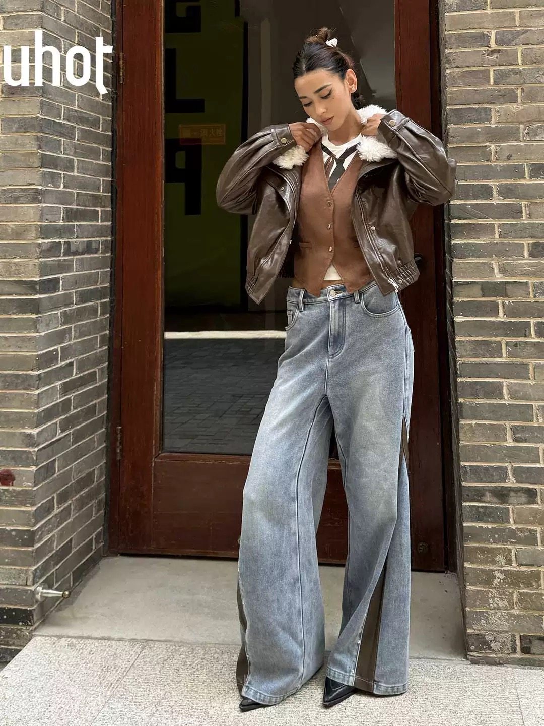 uhot/诱货蓝色拼皮水洗阔腿牛仔裤女复古撞钉微喇气质 UWWW1K696M,女装/女士精品,大码裤装,淘宝优惠券,粉丝福利购,淘宝优惠卷