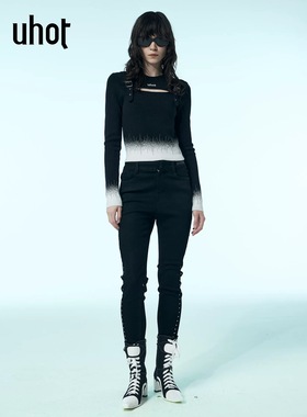 uhot/诱货黑色铆钉微紧身牛仔裤高腰显瘦显腿长酷帅新款UWWW6K438