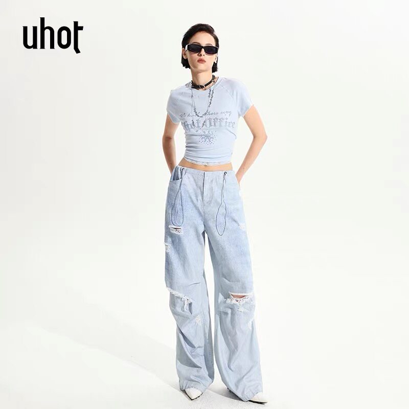 uhot/诱货淡蓝色短款修身显瘦短袖T恤女2025夏季新款 UWWR1T457