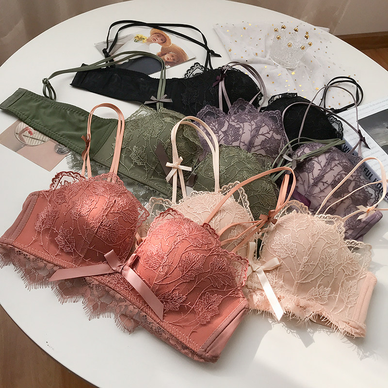 法式蕾丝花纹内衣无钢圈薄杯舒适上托丰胸文胸