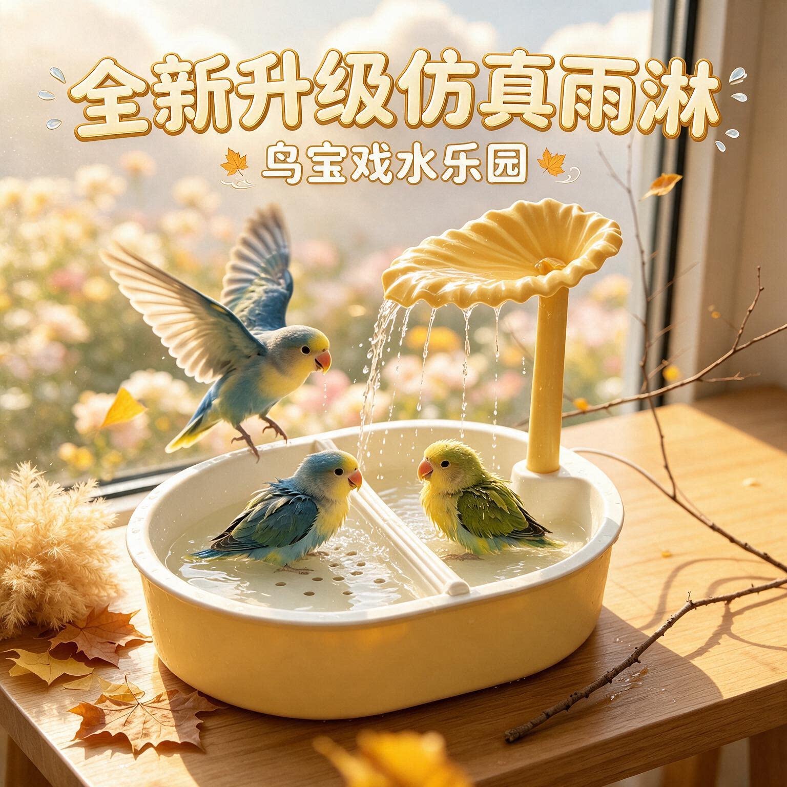 鸟用洗澡神器自动水循环叶子雨淋