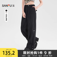 三福休閑褲2025新款夏季寬松輕薄工裝褲黑色闊腿長(zhǎng)褲子女裝502288