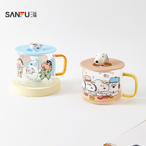蜡笔小新桌面早餐盖杯玻璃杯480ML 创意水杯杯子855705