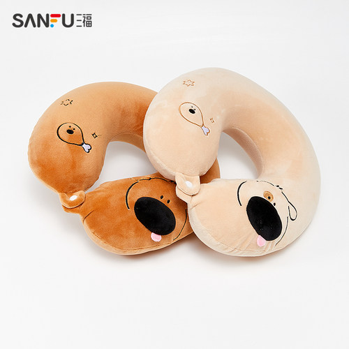 三福乐园系列可爱黄鼻狗颈枕毛绒卡通枕垫旅行外出U型枕490587