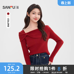 三福红色毛衣女2026新款春季气质优雅方领本命年针织衫女装516789