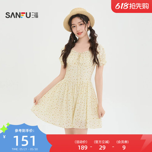 三福泡泡袖连衣裙2026新款夏季甜美绑带收腰碎花短裙子女装522021