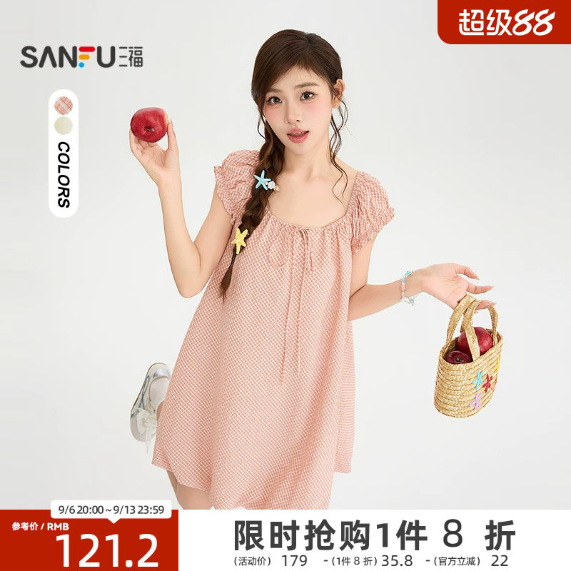 三福连衣裙2026夏季绑带领口木耳边袖格子娃娃裙女装526963图片