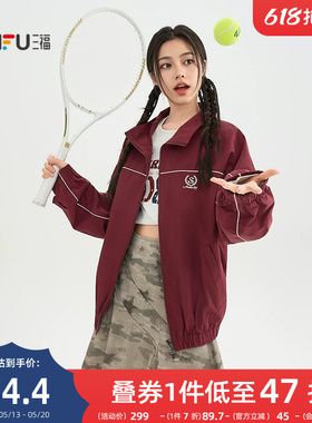 三福红色外套女2026春季高级感插肩袖夹克翻领宽松上衣女装519642