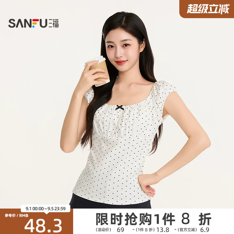 三福女夏季复古波点蝴蝶结短袖上衣 时尚修身甜美单衣527885图片