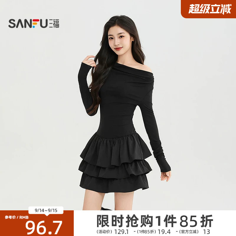 三福女连衣裙2026秋季新款气质收腰A摆蛋糕半裙时尚短款裙子女装图片