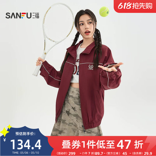 三福红色外套女2026春季高级感插肩袖夹克翻领宽松上衣女装519642