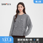 514652 烫钻花朵圆领宽松保暖上衣女装 三福灰色毛衣女2026新款 春季