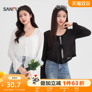 小个子白色上衣女装 三福开衫 薄透肌理感绑带宽松罩衫 2025新款 夏季