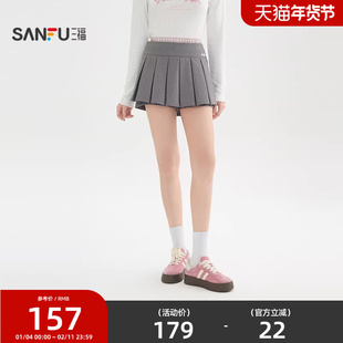 三福短款裙裤2026新款春色时尚拼接格子腰头A字百褶裤女装517305