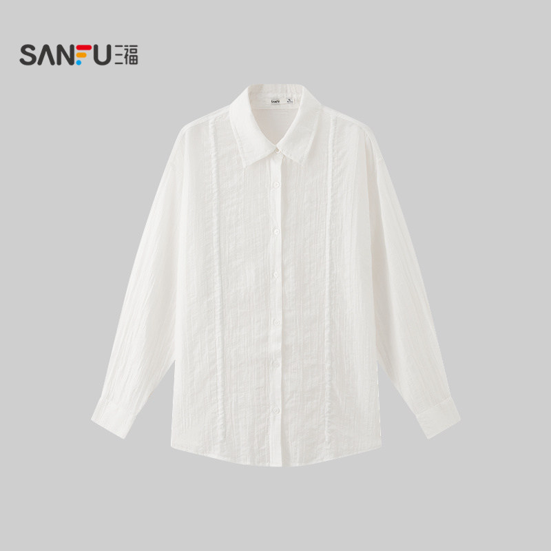三福长衬衫2026夏季可调节抽绳翻领中长款宽松上衣女装521436