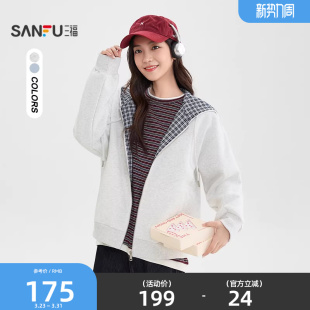 上衣女装 拼接格子连帽休闲开衫 515287 春季 三福卫衣外套女2026新款