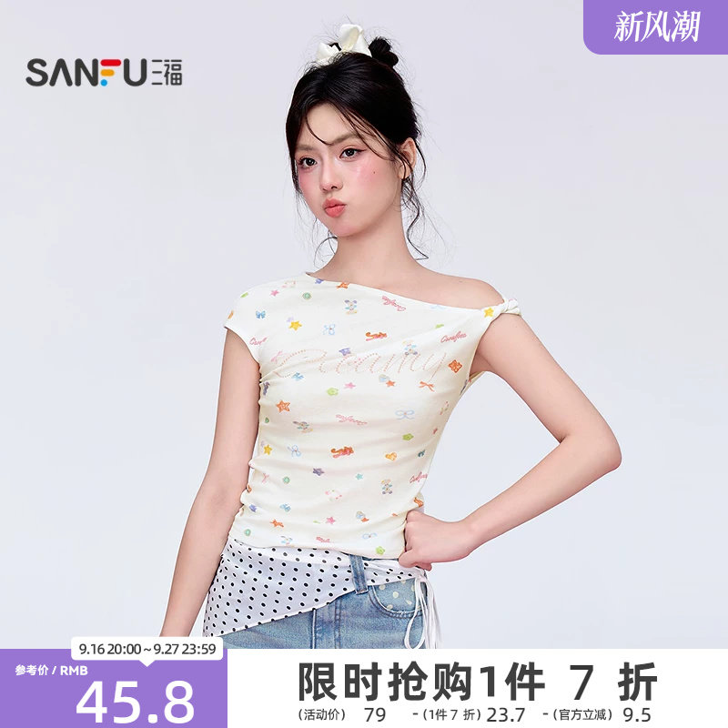 三福短T恤2026秋季烫珠英文斜肩满印时尚短款上衣女装529632图片