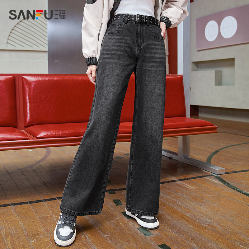 三福牛仔裤2023年新款秋冬复古洗水高腰宽松遮肉黑色阔腿裤子女装
