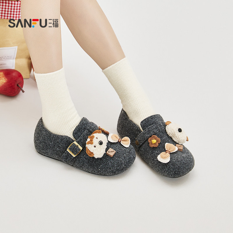 三福女毛毛鞋冬季韩系萌趣风萌宠扣件圆头勃肯鞋女鞋851068