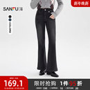 女2025新款 女装 冬季 显瘦长裤 514353 内里磨毛黑色喇叭裤 三福牛仔裤