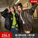 复古宽松翻领黑色外套女装 时尚 846474 秋季 三福皮衣夹克2025新款