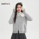 女装 小个子加绒连帽毛领灰色开衫 516422 冬季 三福毛衣外套2025新款
