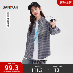 上衣女装 三福格子衬衫 英文刺绣宽松复古长袖 秋季 507571 女2025新款