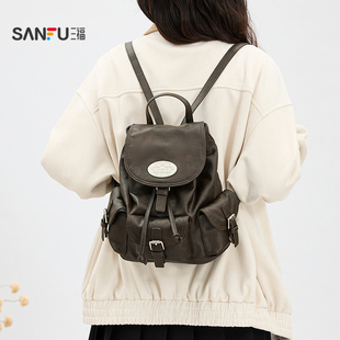 三福背包冬季美式新复古主义擦色大容量翻盖双肩包女包510978