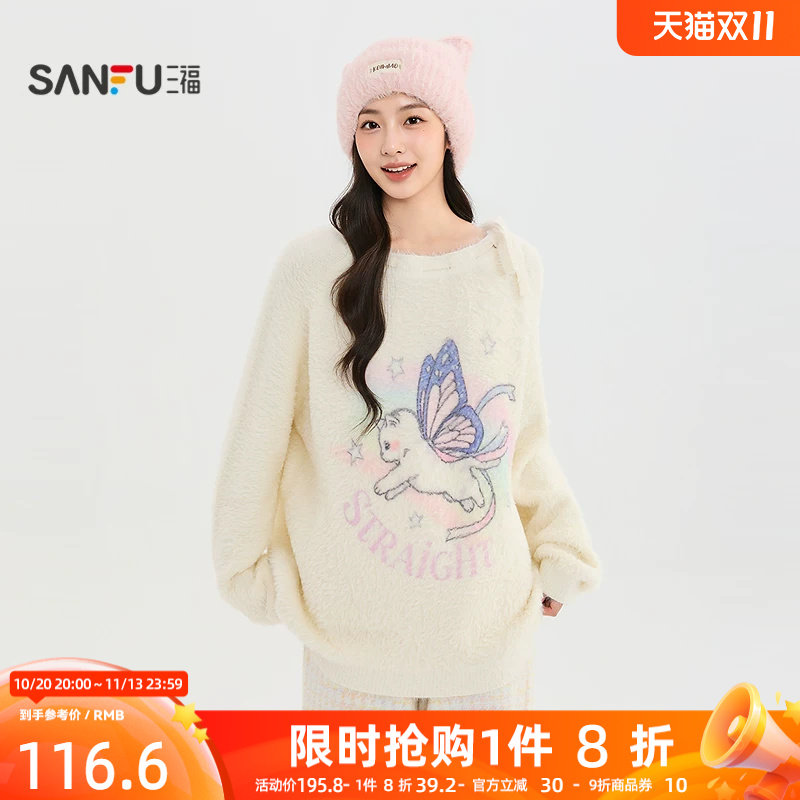 三福女毛衫2026冬季新款猫咪图案套头毛衣圆领蝴蝶结绑带上衣女装