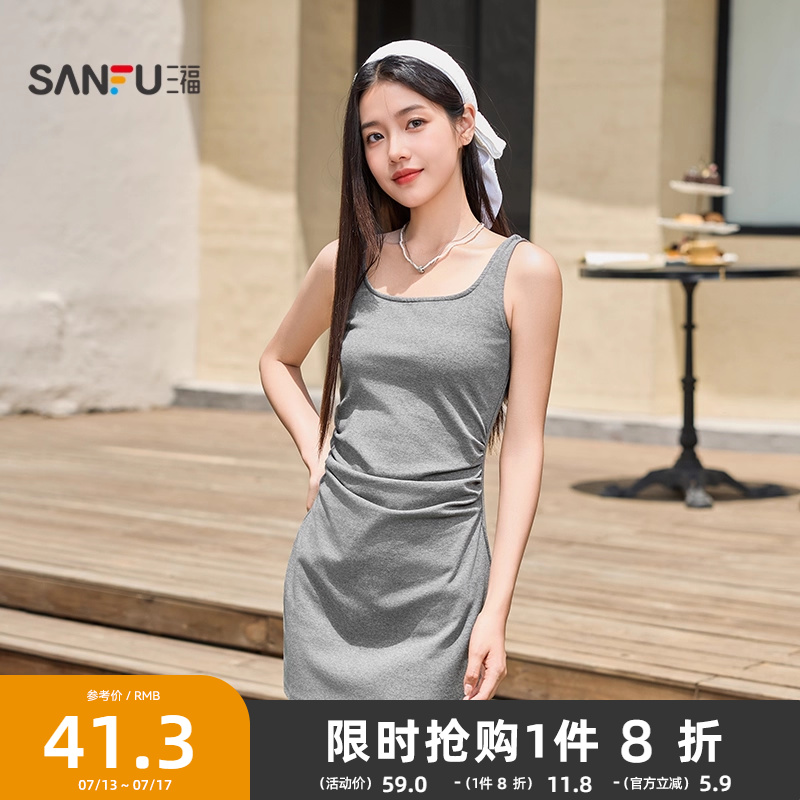 三福方领连衣裙2025新款夏季收腰显瘦宽肩带短款无袖包臀裙子女装
