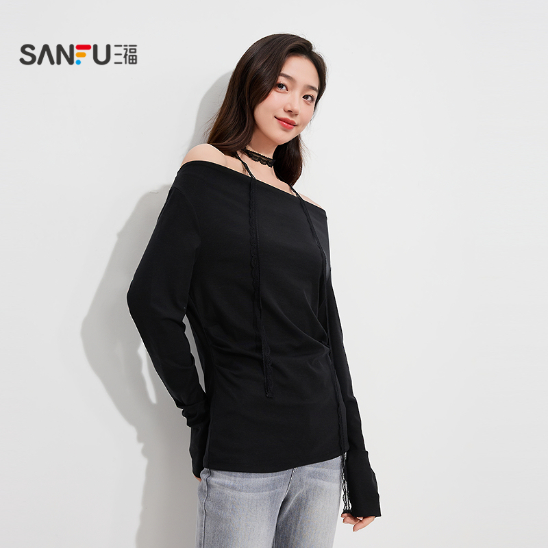 三福女秋季蕾丝挂脖荡领打底衫单衣 法式修身外穿上衣504760