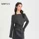 假两件挂脖荡领一字肩收腰上衣女装 三福长袖 T恤女2026春季 514534