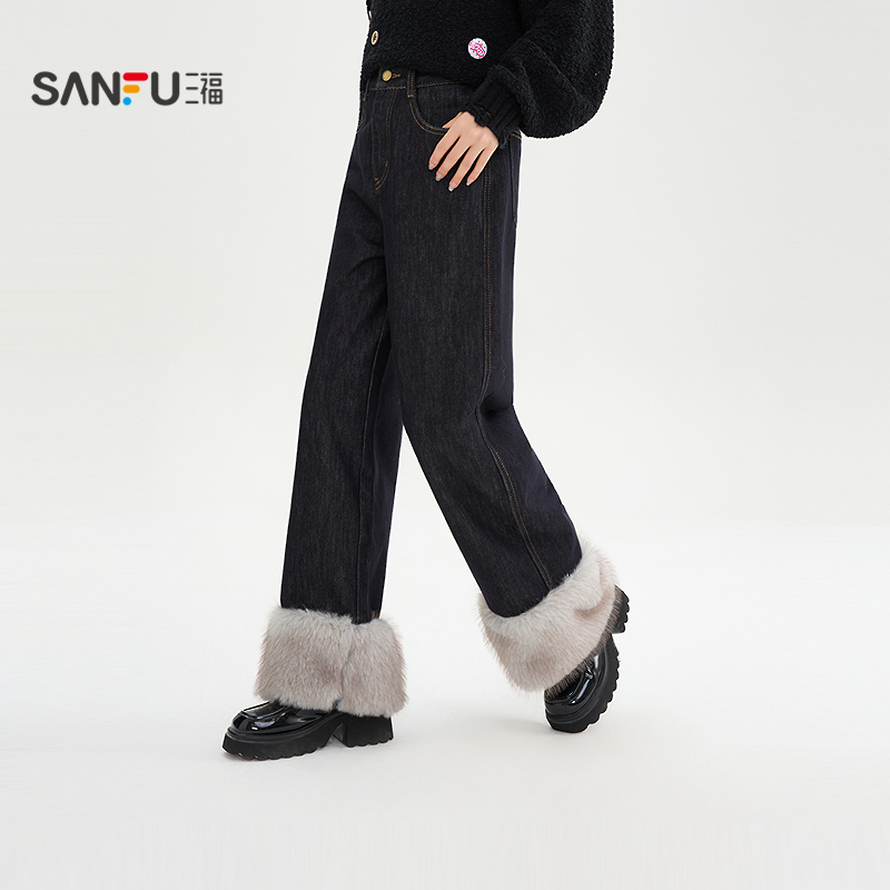 三福牛仔长裤2025冬季毛绒裤脚纽扣腰头直筒裤子女装514239