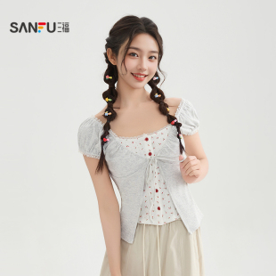 三福短袖T恤2026新款夏季小众蕾丝绑带假两件圆领上衣女装520663