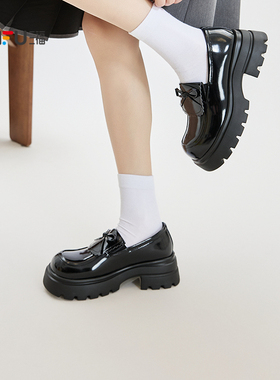 三福女乐福鞋春季失序学院翻盖花边蝴蝶结韩系复古女鞋850771