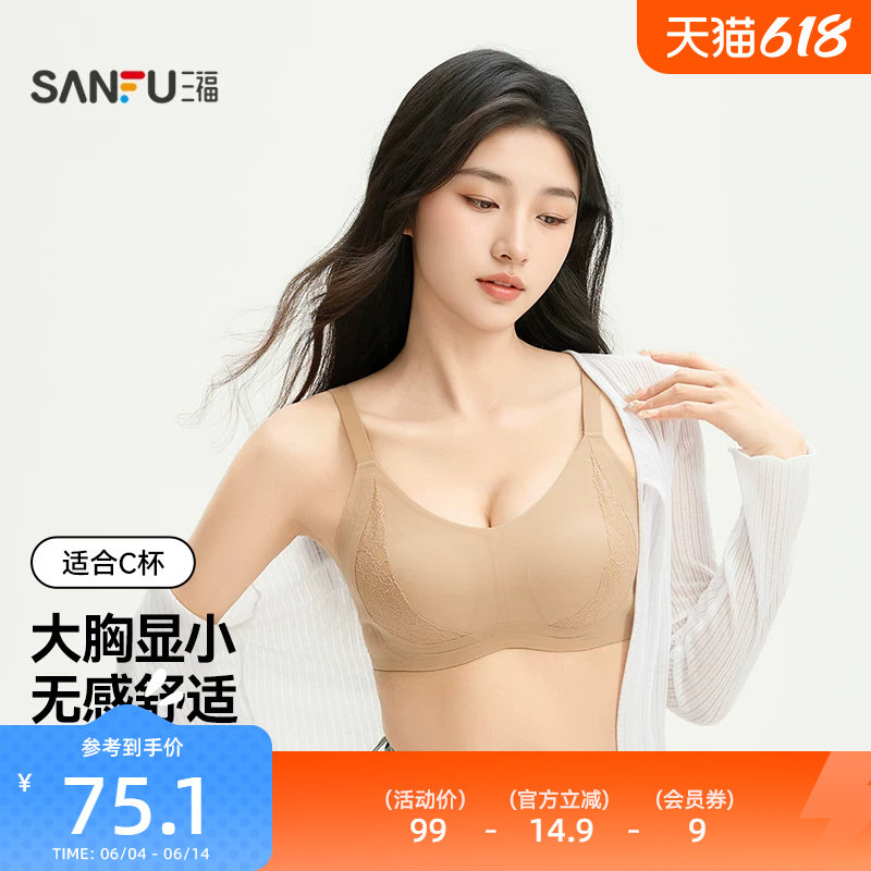 三福 薄C杯无钢圈大胸显小文胸 无感蕾丝透气网眼内衣女513287