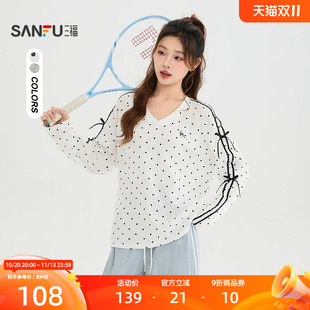 三福长T恤2026秋季蝴蝶结装饰波点V领宽松上衣女装530852