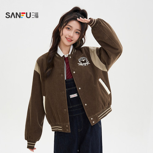 三福厚外套2026新款冬季学院风圆标刺绣夹棉棒球服上衣女装513349