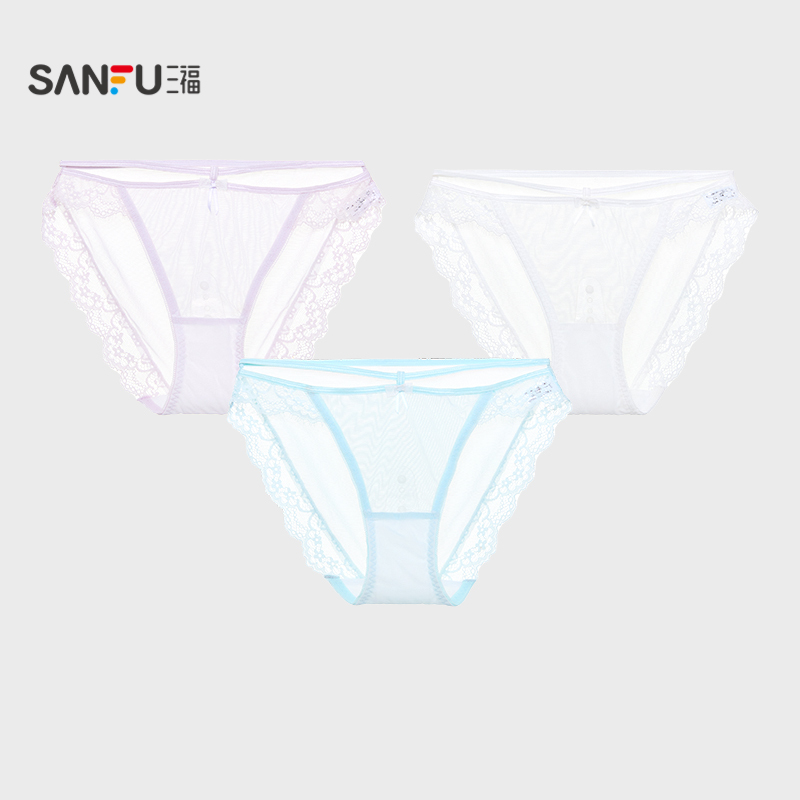 三福女低腰包臀内裤 腰头镂空蕾丝纯欲轻薄透气半平角裤502114