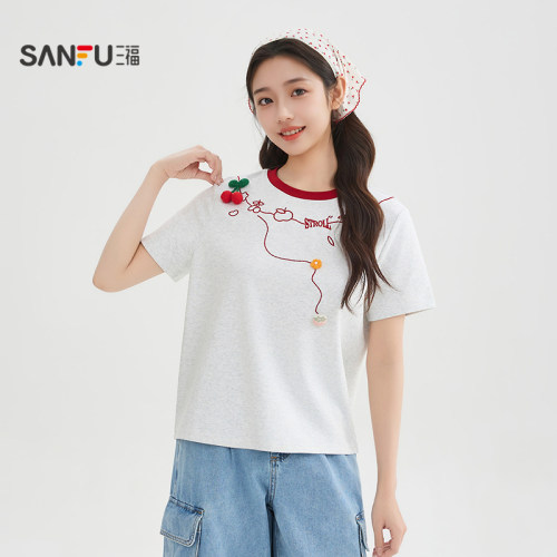 三福短袖T恤女2026新款夏季立体樱桃印花圆领宽松上衣女装521443