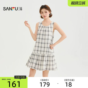 三福连衣裙2026夏季格纹绑带圆领A型娃娃裙裙子女装857921